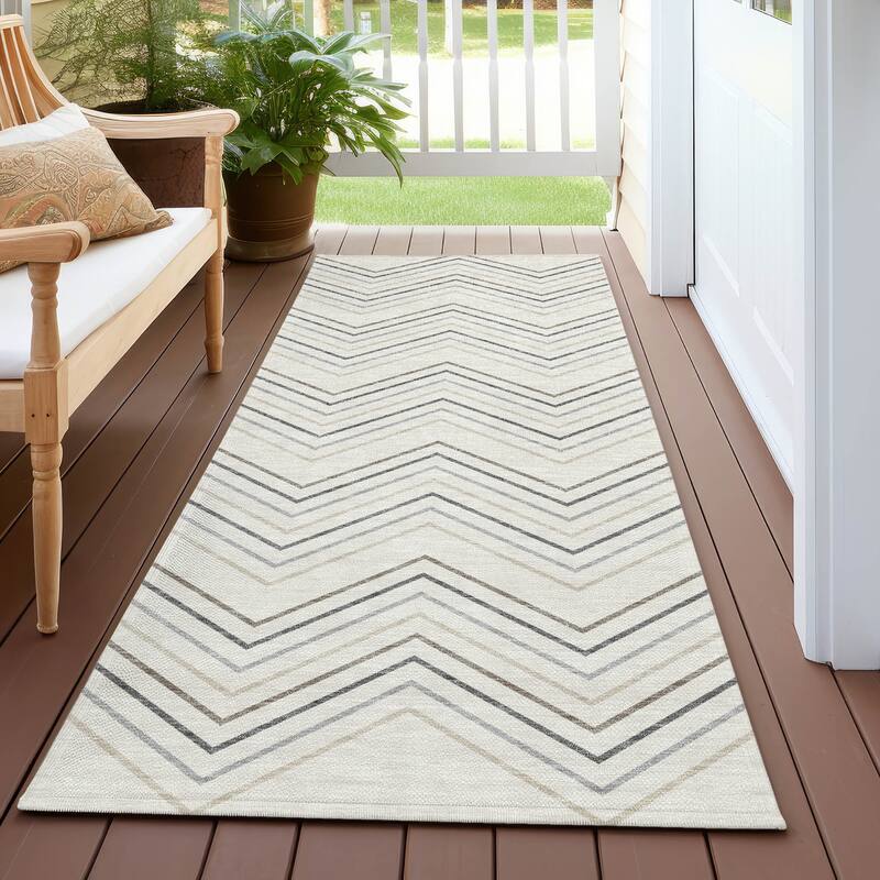 Machine Washable Indoor/ Outdoor Modern Chevron Chantille Rug - Ivory - 2'3" x 7'6"
