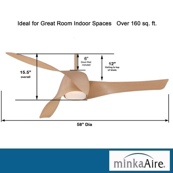dimension image slide 1 of 6, Minka Aire Artemis 3 Blade 58 Inch Ceiling Fan With Light Kit