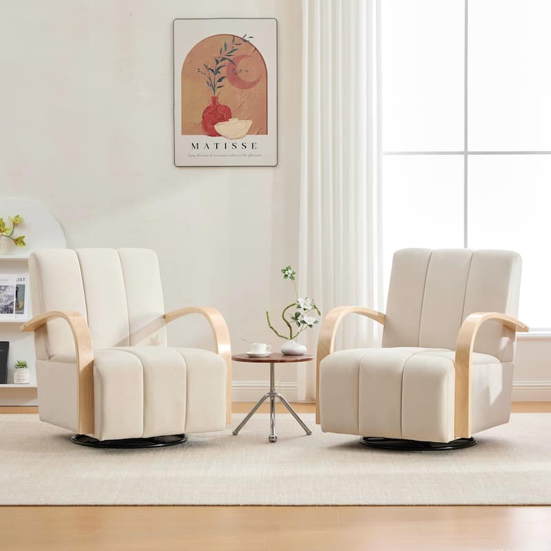 30.7"W Upholstered 360°Swivel Accent Chair with Solid Wood Armrests and Comfy Channel Tufted Lounge Reading Chair