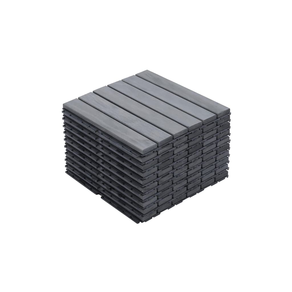 10 PCS Interlocking Deck Tiles Striped Pattern, 12" x 12" Square Light Gray Acacia Hardwood Outdoor Flooring