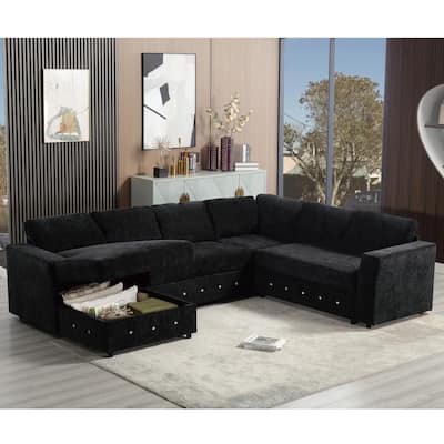 110.75" Sectional Sofa, Modular, U Shaped, Chenille, Black with Storage