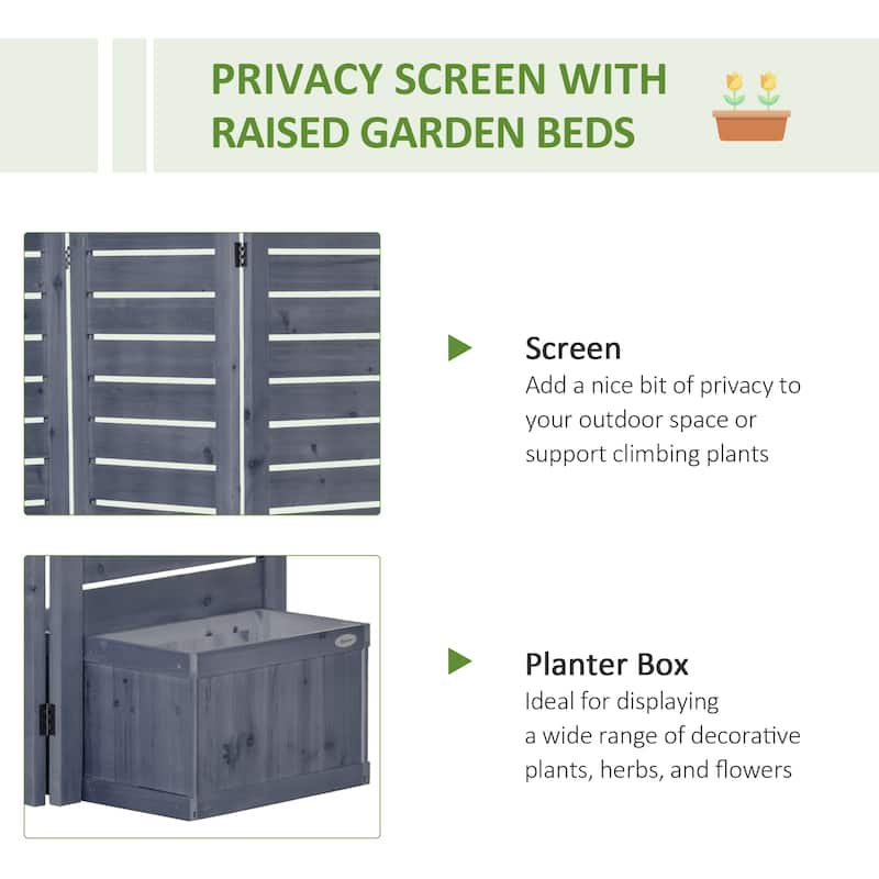 Outsunny Freestanding Outdoor Privacy Screen, 4 Self-Draining Planters / Raised Garden Beds, 3 Hinged Panels