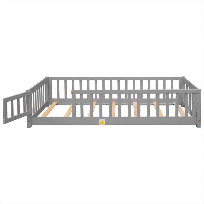 Twin Size Wood Floor Platform Bed with Fence and Door for kids