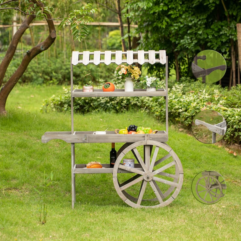Antique Rustic Solid Wood decor Display Rack Cart 3 Tier with Wheels, Wood Wagon with Shelves for Plants and More