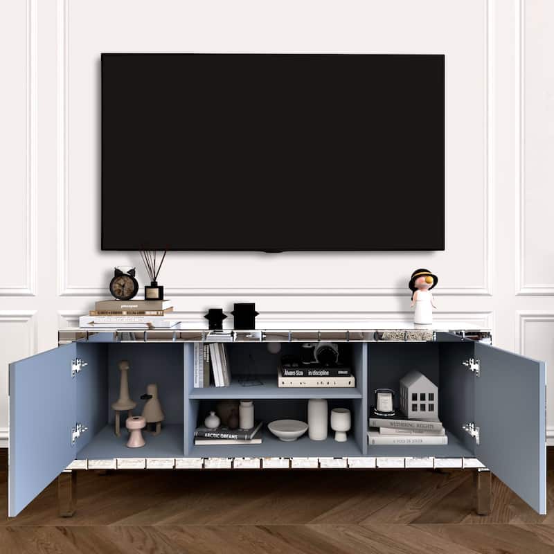 Mirrored TV Stand, Media Entertainment Center, Console Table with Crushed Diamond Glass Doors and Adjustable Shelves
