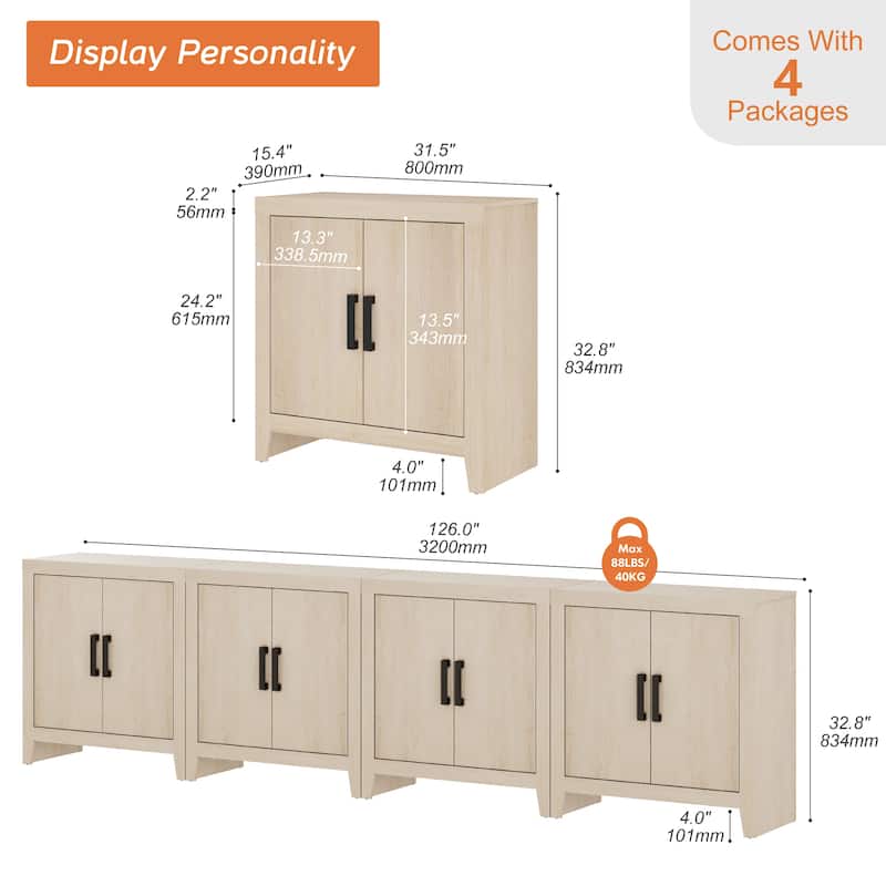 WAMPAT 124" Wide Modern Farmhouse TV Stand, Large Entertainment Center with 4 Cabinets, Adjustable Shelves & Doors