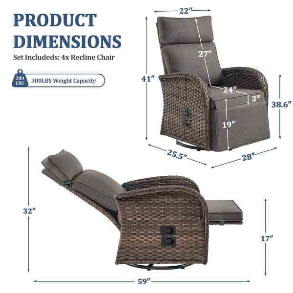 dimension image slide 3 of 15, Pocassy Reclining Patio Chair with Adjustable Backrest