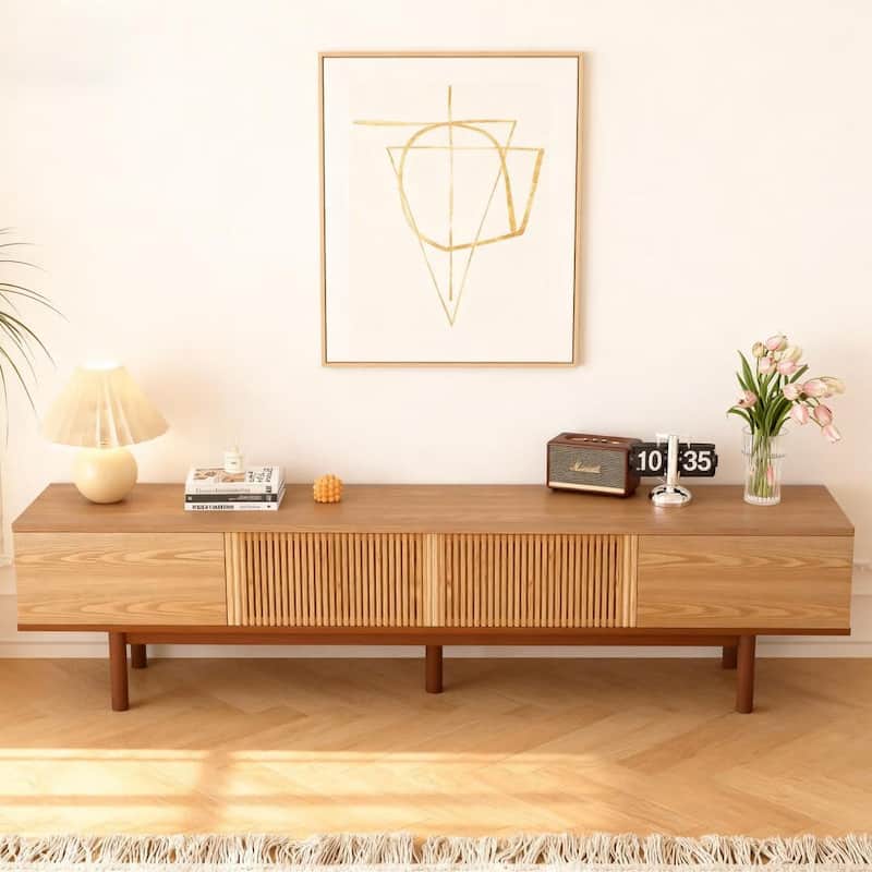 86.6" Solid Wood TV Stand with Slatted Door Design, Media Console for 90" TVs, - 86.6"Wx15.7"Dx20.8"H