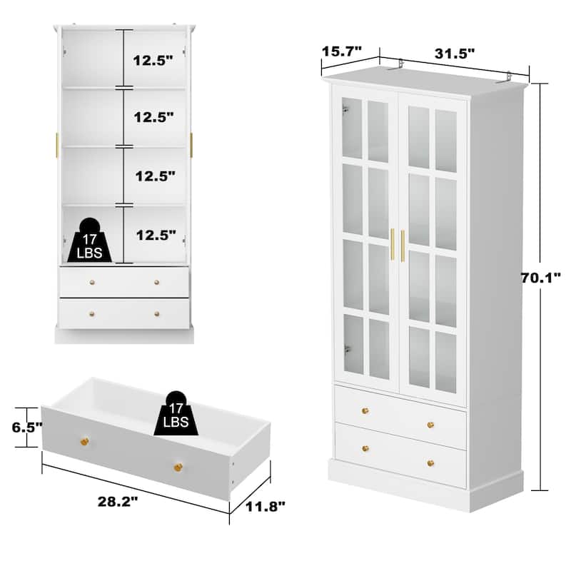 Glass Display Cabinet with 4 Shelves, 2 Doors Curio Cabinets Pantry - 31.5"Wx70.1"H