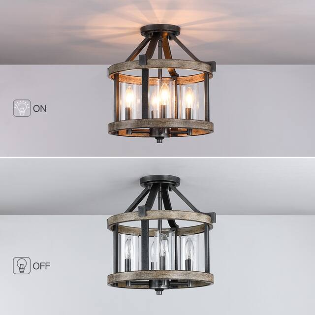 12.5 in. 4-Light Natural Iron and Distressed Faux Wood Modern Farmhouse Semi-Flush Mount Ceiling Light - 12.5"W