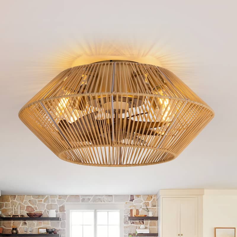 16.5"/19"/20" Vintage Distressed White Low Profile Ceiling Fan with Remote (7-Blade) - 19in - Gold-Polygon with Wood Grain Blades