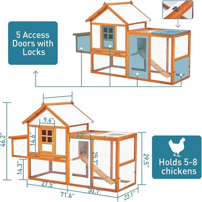 Chicken Coop Hen House Outdoor Poultry Cage with Large Nesting Box Orange