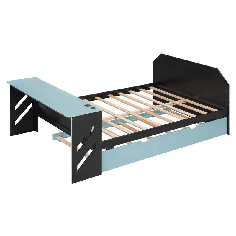 Full Daybed with Trundle, Wood Daybed with Built-in Desk and USB Charging Station, Twin Trundle Bed with Storage