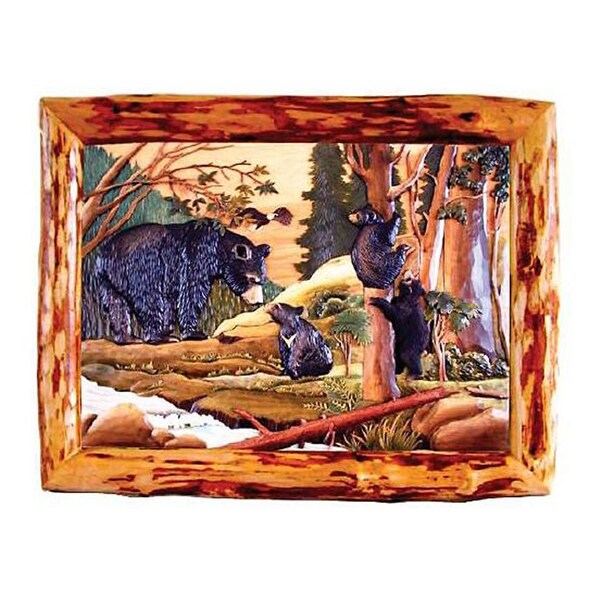 Bear & Cubs In Forest Hand Crafted Intarsia Wood Art Wall Hanging