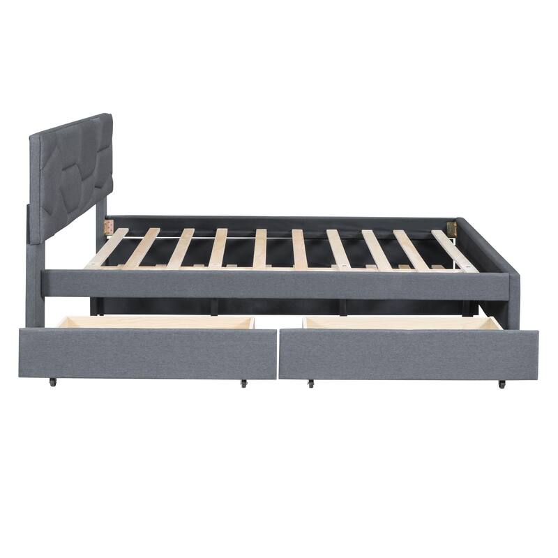 Full/Queen Size Upholstered Platform Bed with Stylish Brick Pattern Headboard, Trundle & 2 Drawers, Linen Fabric Comfort