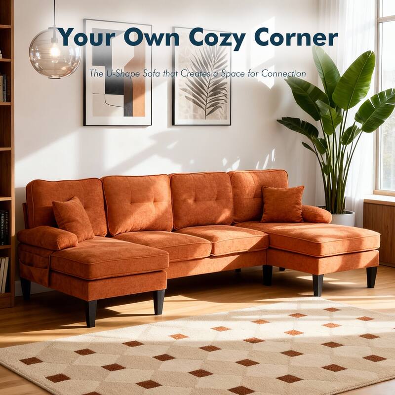 HOMEFUN Linen Upholstered U-Shaped 4-seater Tufted Wood Frame Sectional Sofa with Side Pocket