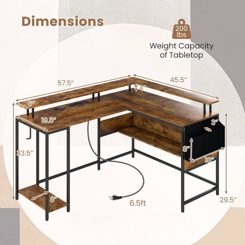 Gymax L-Shaped Gaming Desk w/ LED Lights & Power Outlets Monitor Stand