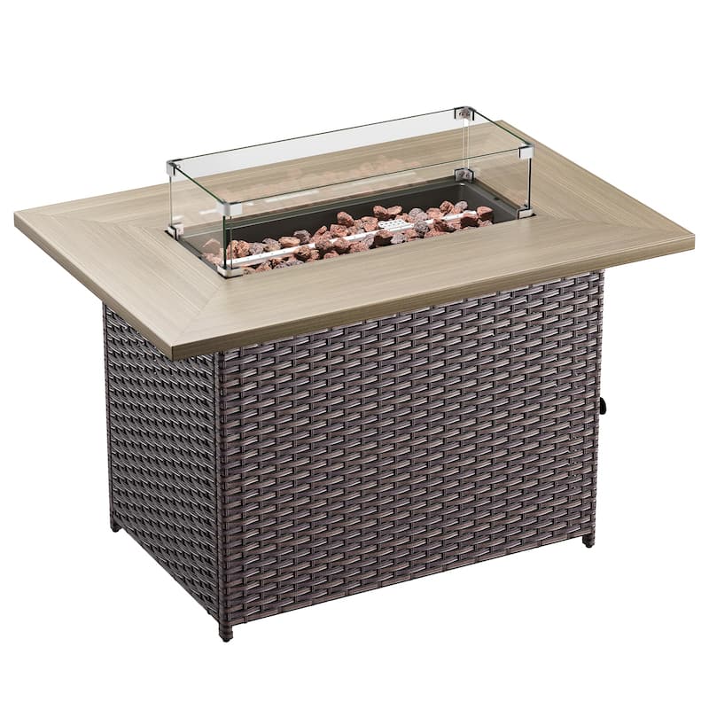 Meyreso 41 in. Rectangular Brown Wicker and Metal Propane Gas Outdoor Fire Pit Table with Lava Rocks, 50000 BTU