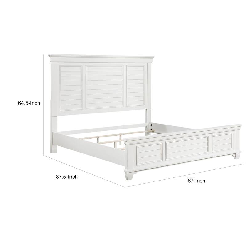 Lyni Queen Size Bed with Farmhouse Style Headboard, Solid White Acacia Wood