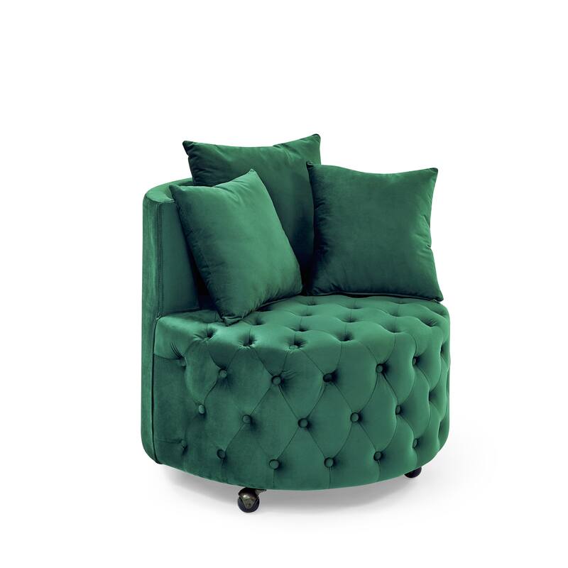 Roomfitters Velvet Swivel Chair with Tufted Button Design, Round Accent Chair with 3 Pillows and Wheels, Lounge Seating