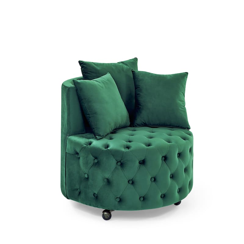 Velvet Upholstered Chairs Movable Wheels Swivel Chairs for Living Room Accent Chairs with 3 Pillows, Button Tufted Barrel Chairs