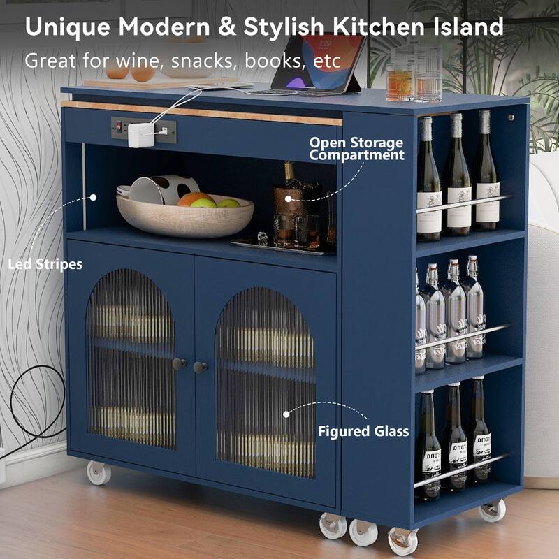 Rolling Kitchen Island with Extended Table, Wheels, LED Lights, Power Outlets, 2 Fluted Glass Doors & 3 Open Shelves