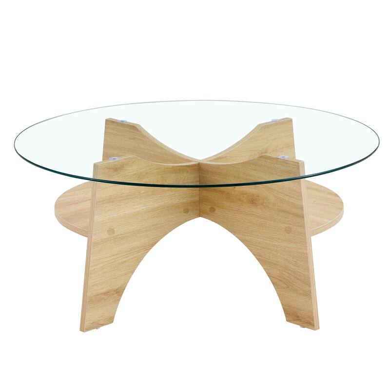 GDFStudio Marcellus Tempered Glass Coffee Table with Wood Legs and Fan-Shaped Pedestal Design