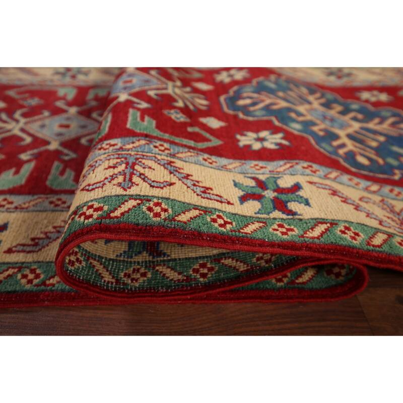 Geometric Red Kazak Oriental Runner Rug Handmade Wool Carpet - 2'6" x 16'0"