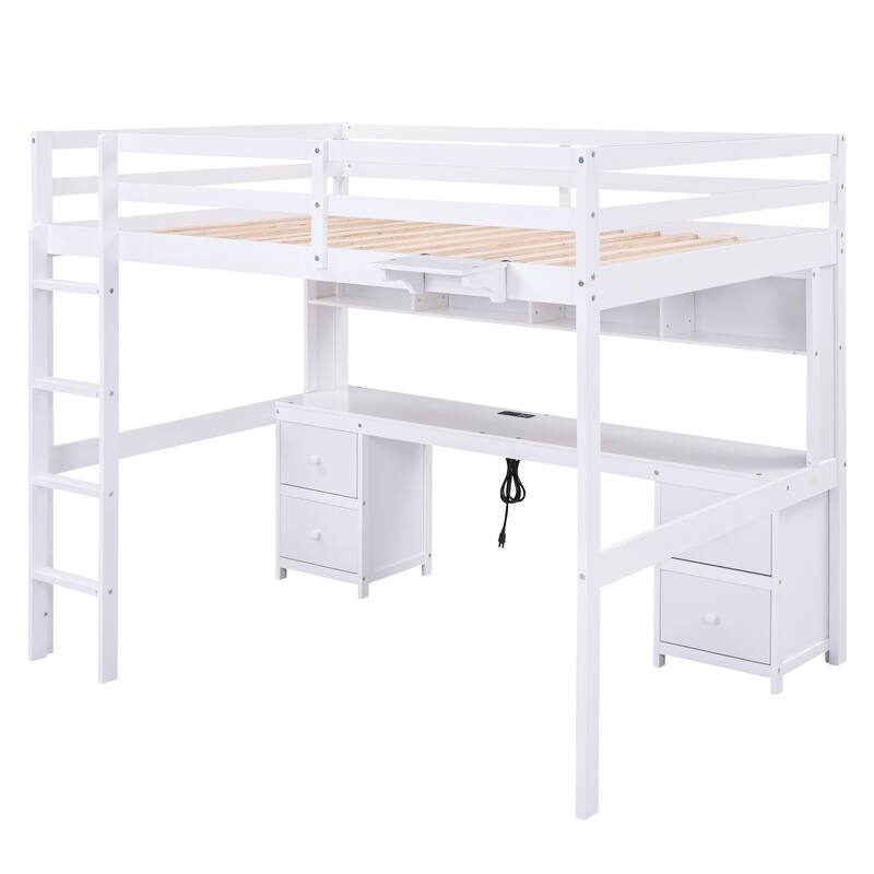 Full Size Loft Bed with Desk, Storage Cabinets, Drawers, Charging Station, White