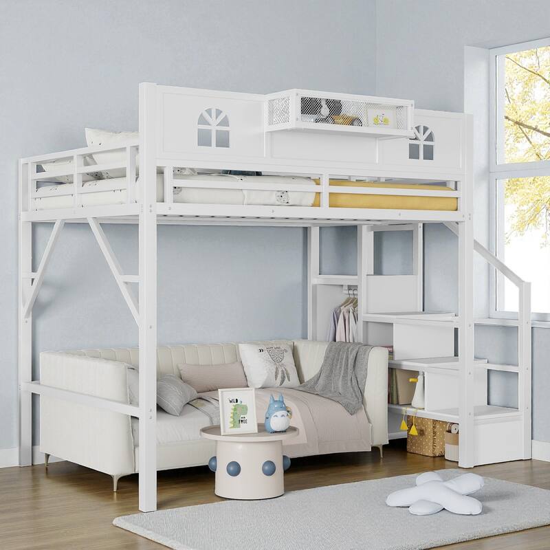 Full/Queen Size Metal Loft Bed with Stairs and Wardrobe, High Loft Bed with House-Shaped Guardrails for Kids and Teens