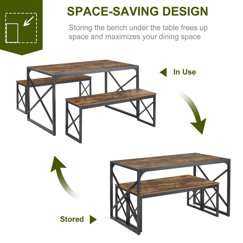 44.3" Dining Table with Benches Kitchen Table set for 4 Rectangular Dining Room Table Set with 2 Metal Wood Benches