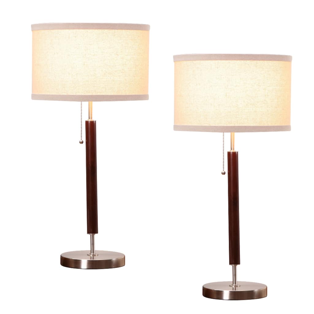 Brightech Carter 26 in. Walnut Brown Mid-Century Modern LED Standard Table Lamp with Beige Fabric Drum Shade (2-Pack)