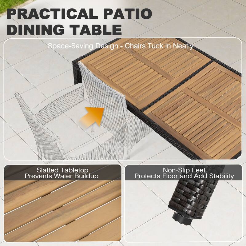 Patio Dining Table, Acacia Wood Top, PE Rattan-Wrapped Metal Frame, Black