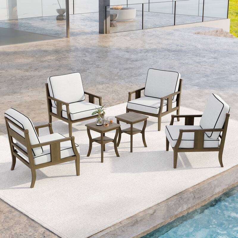 6-Piece Outdoor Teak Seating Set Armchair Patio Conversation Sets with 2 Tables, Cushion