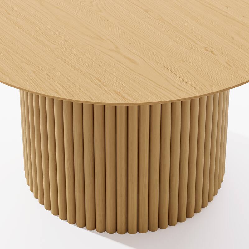 Modern Round Wooden Dining Table - 46" Diameter, Fluted Base, Natural Oak Finish for Dining Room