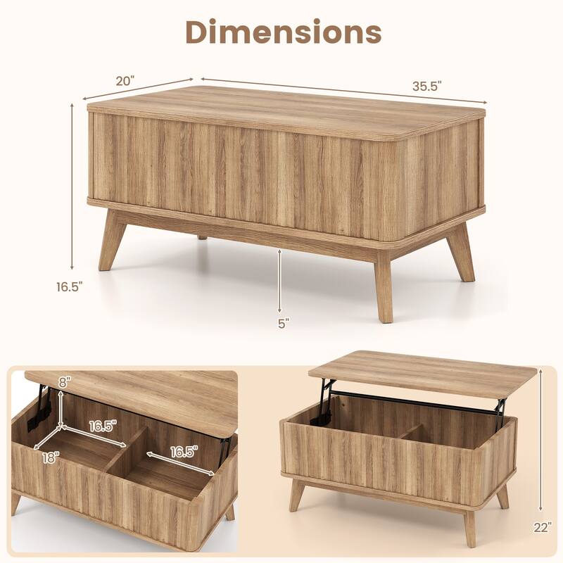 Gymax 35.5'' Fluted Lift Top Coffee Table w/Lift Tabletop Hidden