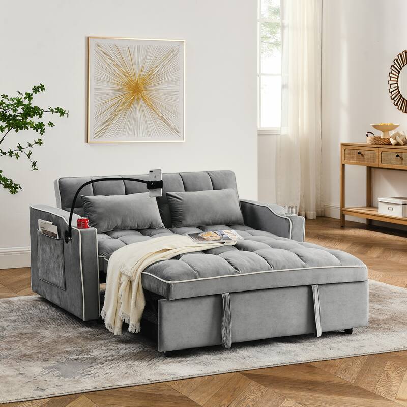 Foldable Velvet Sofa Bed, Adjustable Backrest, USB Charging, Phone Stand, 2 Pillows - Grey