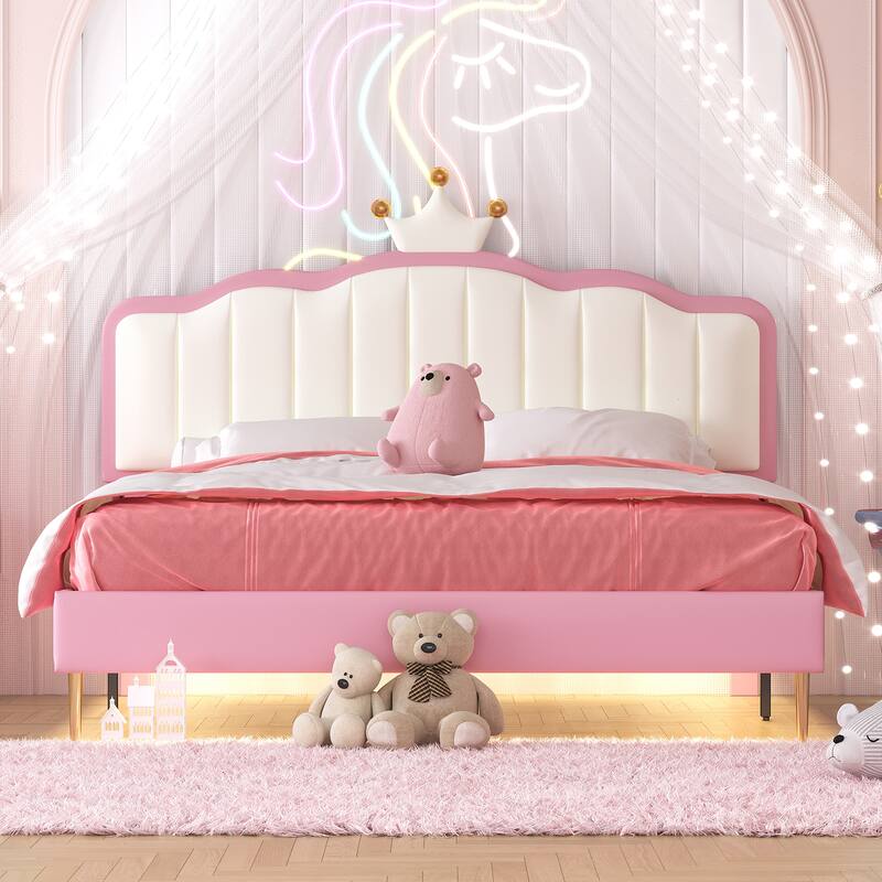 Twin/Full Size Upholstered Kids Princess Bed with Crown Headboard, PU Leather Platform Bed Frame with Light Strips