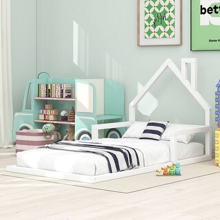 Modern Twin Size Wood Floor Kids Bed Frame with House-Shaped Headboard, Sturdy Pine Construction, Easy Assembly, White