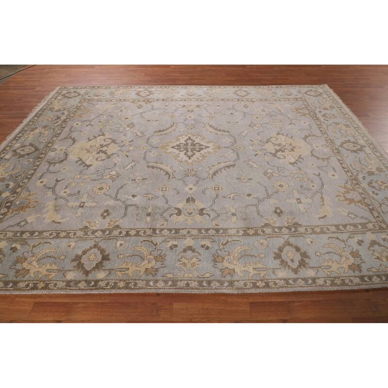 All-Over Gray Oushak Indian Area Rug Hand-Knotted Wool Carpet - 7'11"x 10'0"