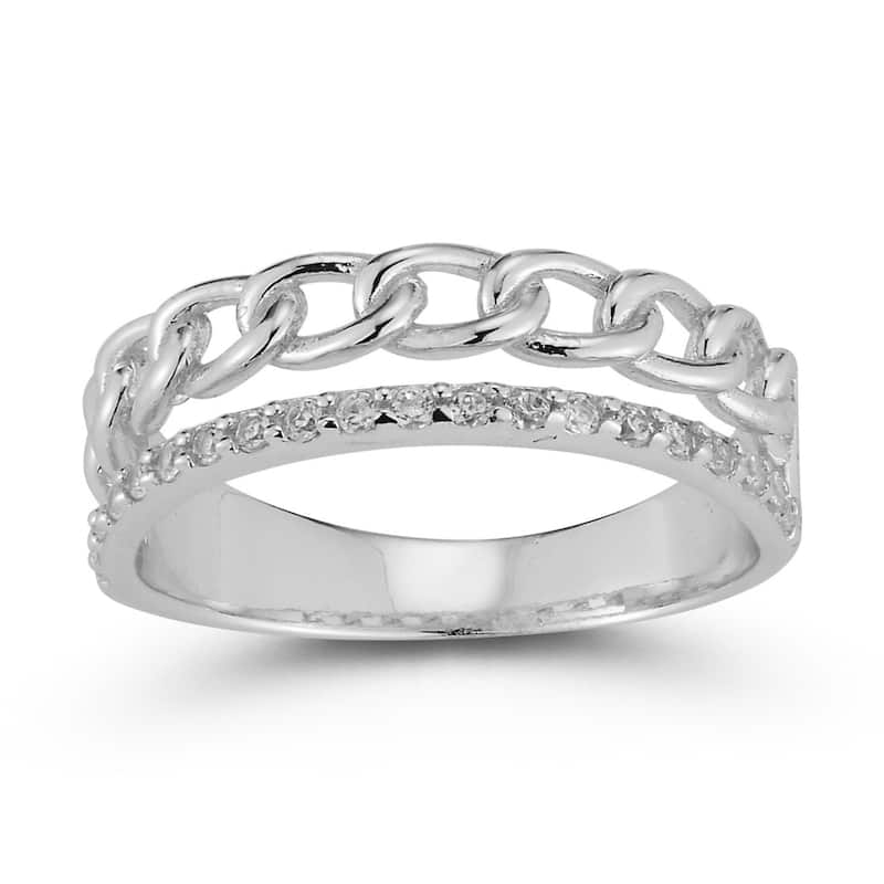 Soleil Sterling Silver Cubic Zirconia Double Stacked Chain Ring - White - 6