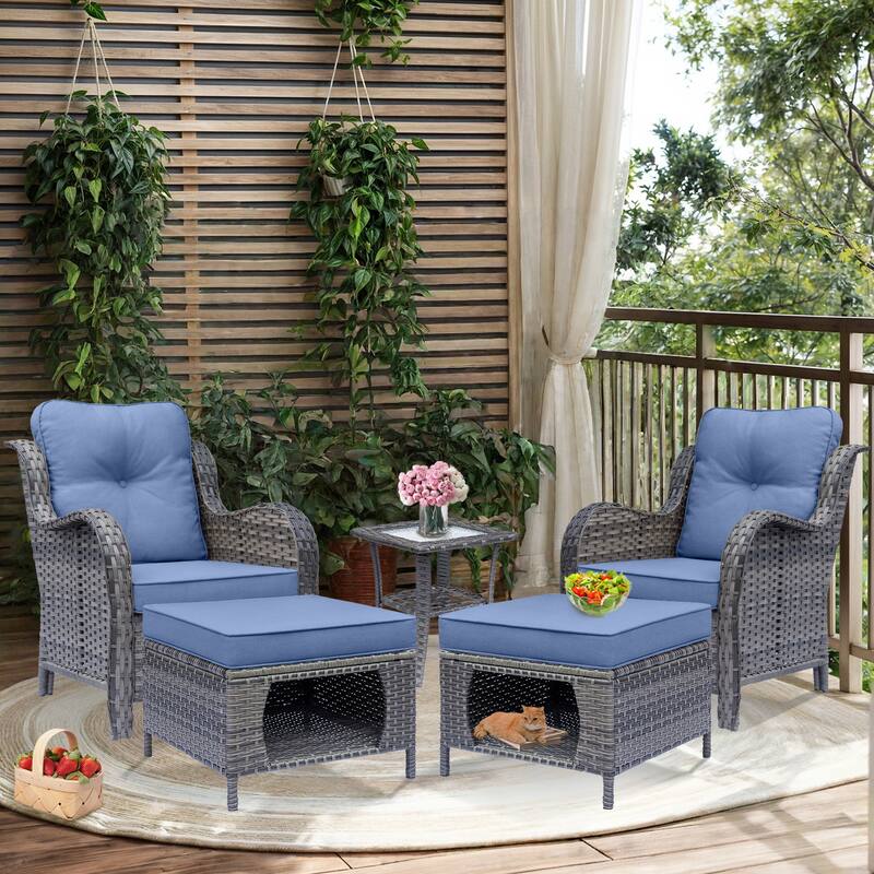 Outdoor Patio Furniture-Gray Wicker Armchair with Storage Ottoman Sets