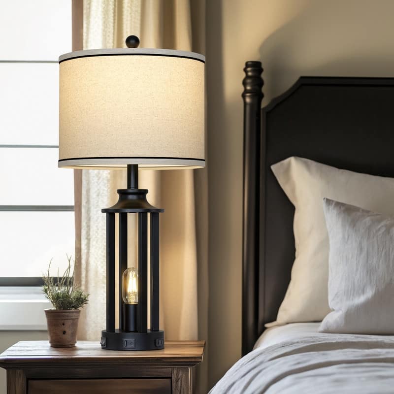27.5'' Black Industrial Table Lamp with USB-C & AC Outlet, Dual Lighting, Metal Frame(Set of 2) - 12.5''x 12.5'' x 27.5''
