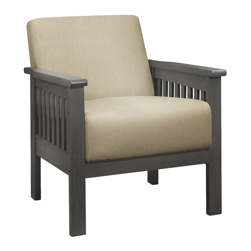 Wiston 31 Inch Accent Chair Armchair, Beige Polyester, Dark Gray Solid Wood