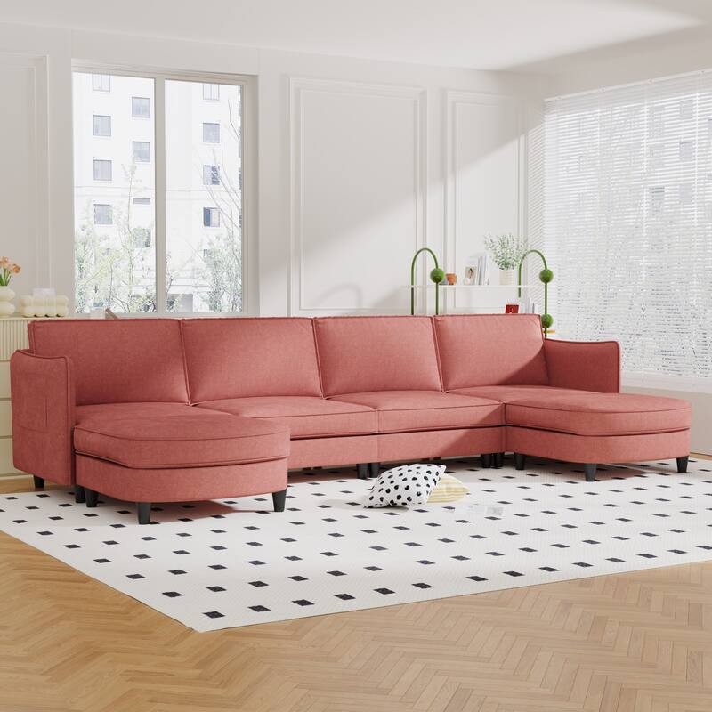 141.5'' 6 Seater U-Shaped Red Fabric Sofa with Movable Ottoman & Arm Pockets for Living Spaces