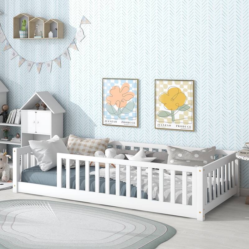 Twin Size Floor Bed With Fence Without Door, Rubber Wood Floor Bed With Safety Guardrails