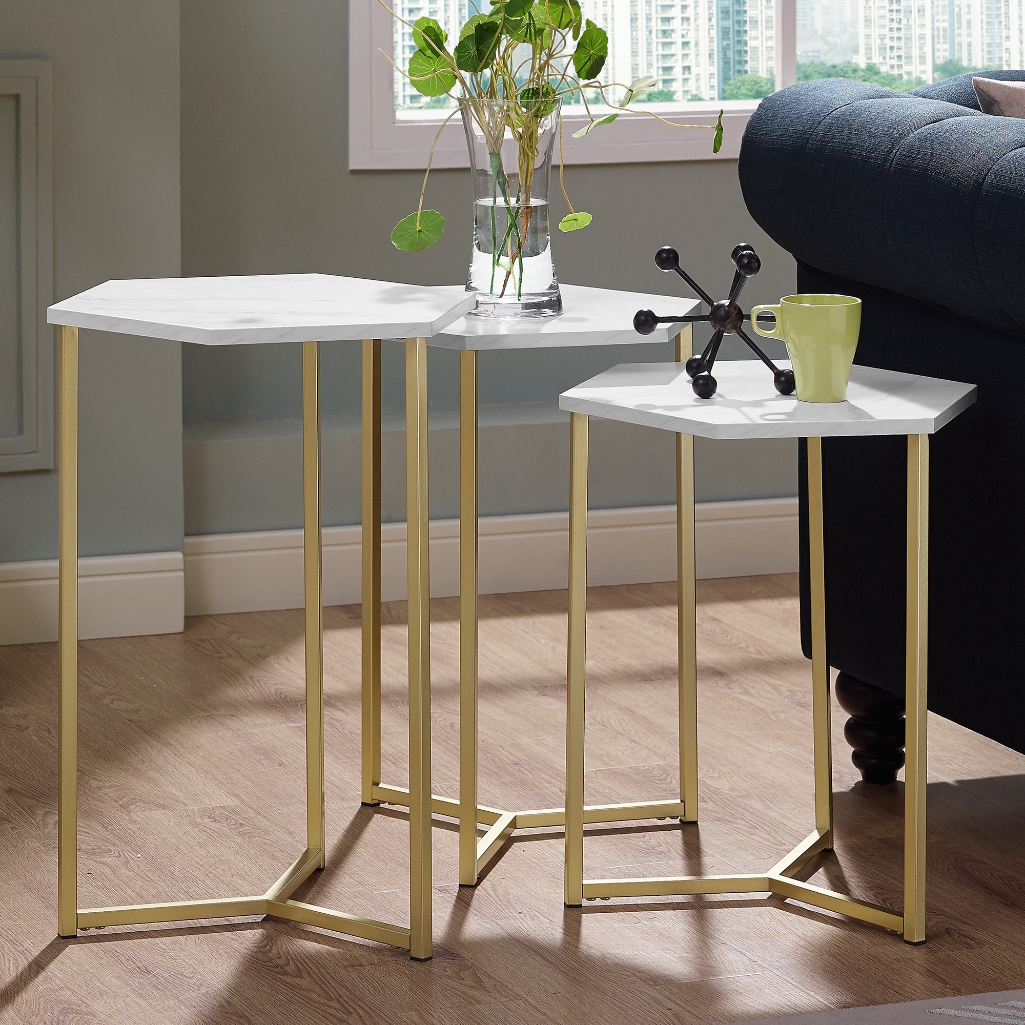 EPOWP Modern Wood Nesting Tables, Faux White Marble/Gold, Set of 3