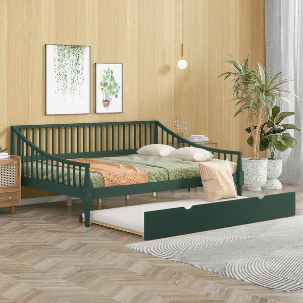 slide 2 of 12, Full Size Traditional Curved Armrest Platform Bed Daybed Trundle Bed Wood Slat Support Easy Assembly No Box Needed Green - Trundle - Full