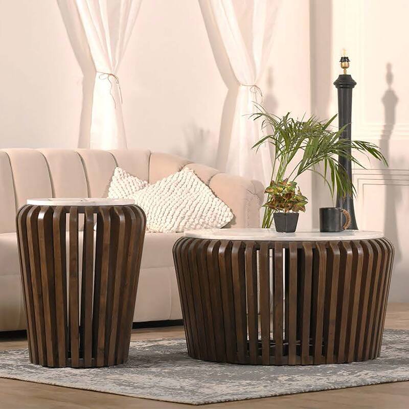 Modern Solid Wood Round End Table with Marble Top, Furniture Sofa Table