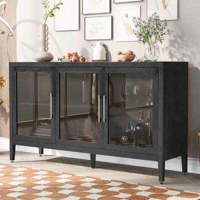 Contemporary Storage Cabinet with 3 Tempered Glass Doors, Adjustable Shelves, Pine Wood Frame for Living Room and Study